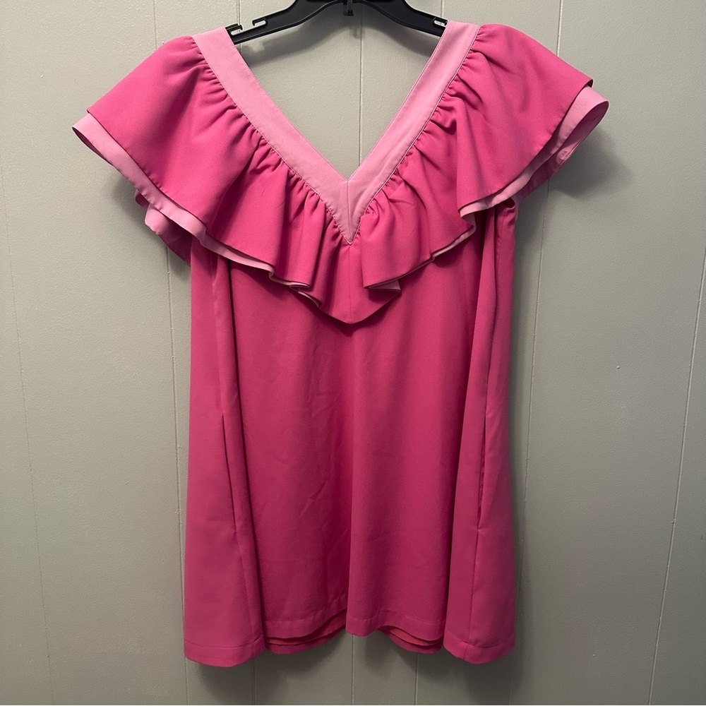 Emily McCarthy Elegant Pink Ruffle V-Neck dress with pockets